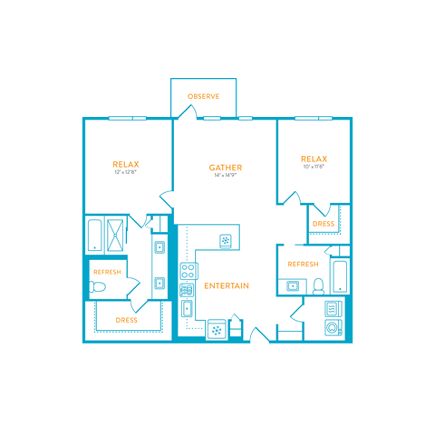 Floor plan for 2 beds, 2 baths, 1108 sqft