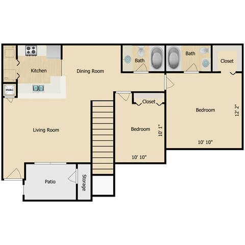 Floor plan for 2 beds, 2 baths, 1113 sqft