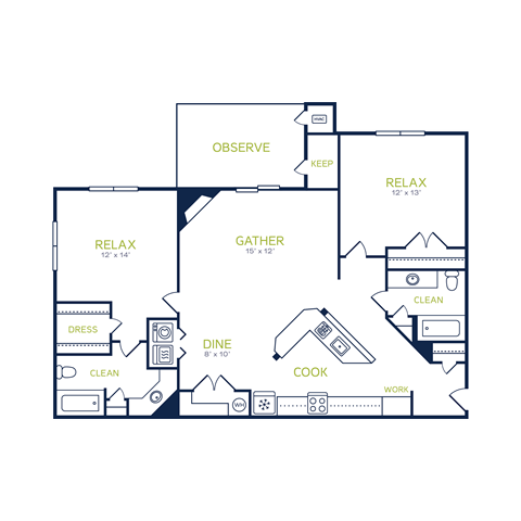 Floor plan for 2 beds, 2 baths, 1120 sqft