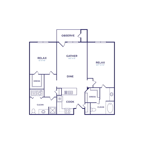 Floor plan for 2 beds, 2 baths, 1130 sqft