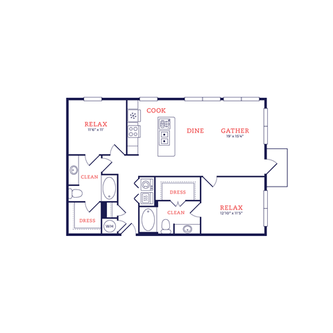 Floor plan for 2 beds, 2 baths, 1134 sqft