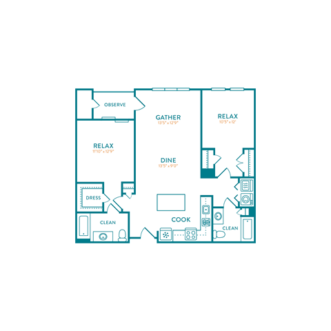 Floor plan for 2 beds, 2 baths, 1139 sqft