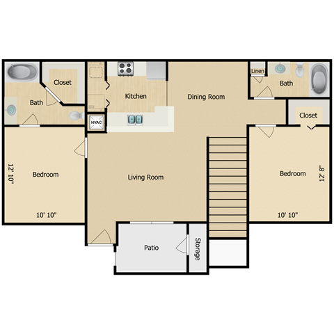 Floor plan for 2 beds, 2 baths, 1142 sqft
