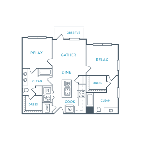 Floor plan for 2 beds, 2 baths, 1152 sqft