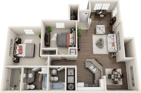 Floor plan for 2 beds, 2 baths, 1154 sqft
