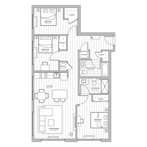 Floor plan for 3 beds, 2 baths, 1191 sqft