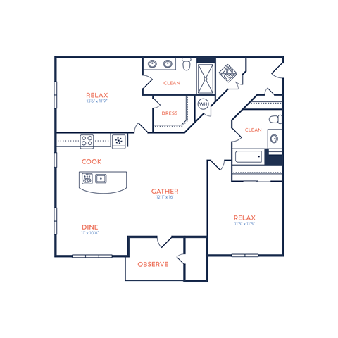 Floor plan for 2 beds, 2 baths, 1159 sqft