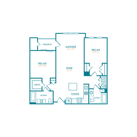 Floor plan for 2 beds, 2 baths, 1168 sqft