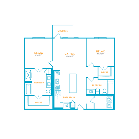Floor plan for 2 beds, 2 baths, 1169 sqft