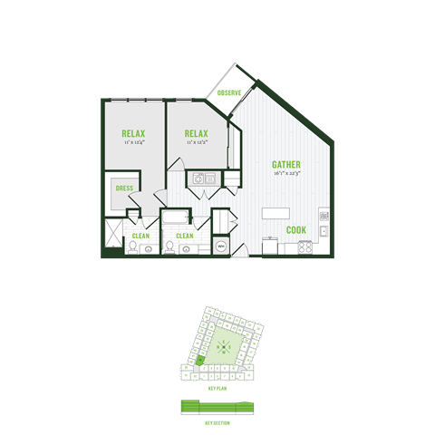 Floor plan for 2 beds, 2 baths, 1172 sqft