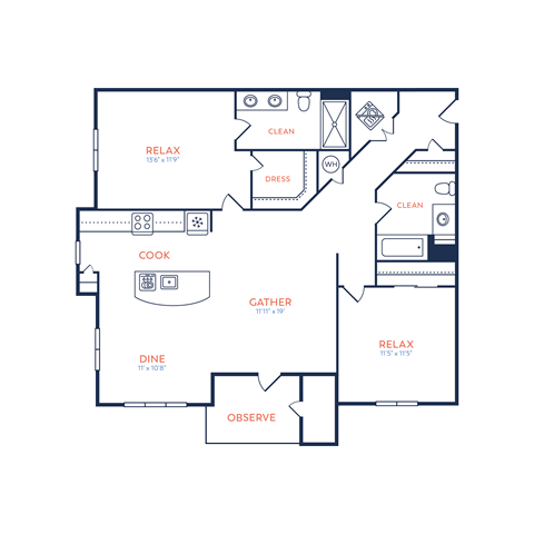 Floor plan for 2 beds, 2 baths, 1177 sqft