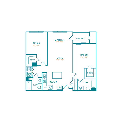 Floor plan for 2 beds, 2 baths, 1186 sqft
