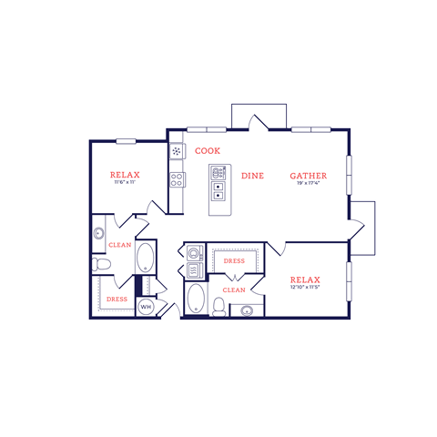 Floor plan for 2 beds, 2 baths, 1194 sqft
