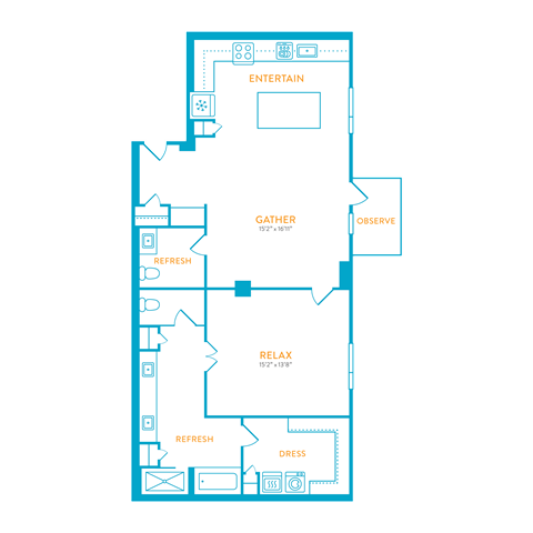 Floor plan for 1 bed, 1.5 baths, 1201 sqft