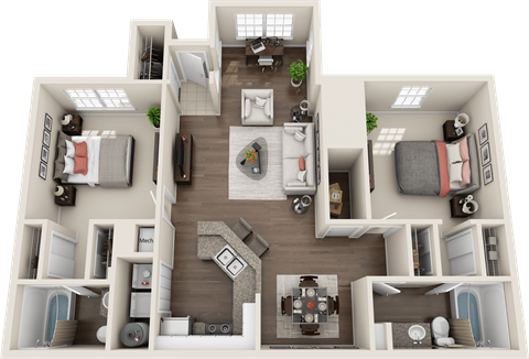 Floor plan for 2 beds, 2 baths, 1203 sqft