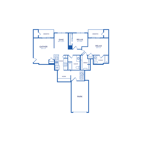 Floor plan for 2 beds, 2 baths, 1211 sqft