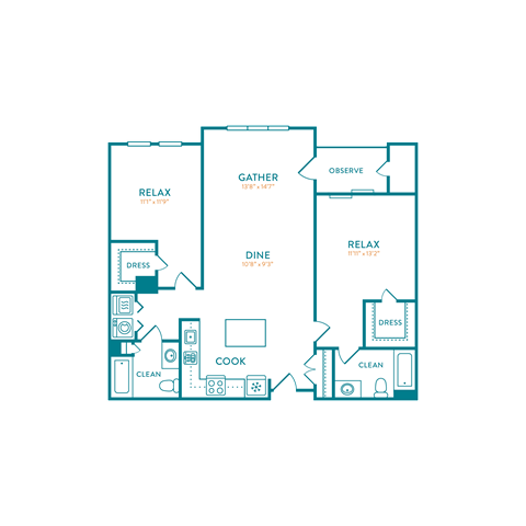 Floor plan for 2 beds, 2 baths, 1216 sqft