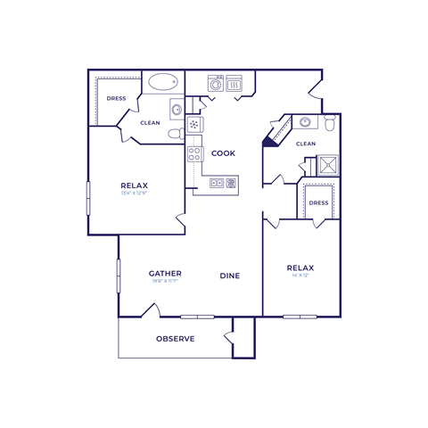 Floor plan for 2 beds, 2 baths, 1240 sqft