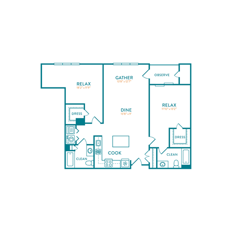 Floor plan for 2 beds, 2 baths, 1241 sqft