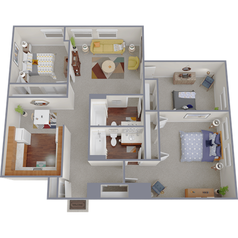 Floor plan for 3 beds, 2 baths, 1245 sqft