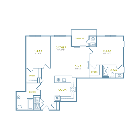 Floor plan for 2 beds, 2 baths, 1246 sqft