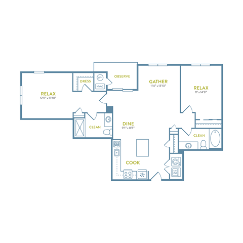 Floor plan for 2 beds, 2 baths, 1257 sqft