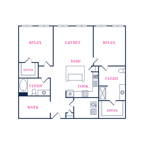 Floor plan for 2 beds, 2 baths, 1254 sqft