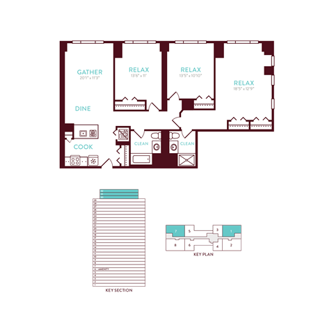 Floor plan for 3 beds, 2 baths, 1256 sqft