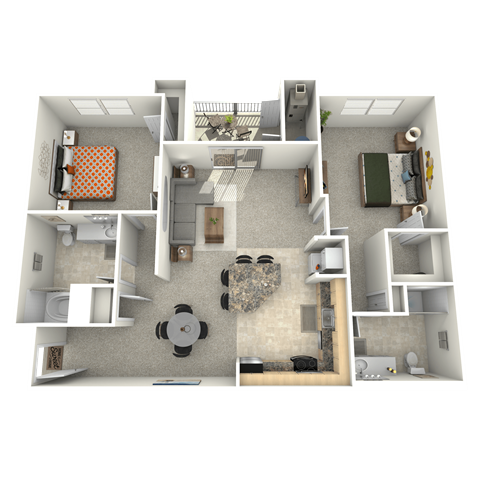 Floor plan for 2 beds, 2 baths, 1257 sqft