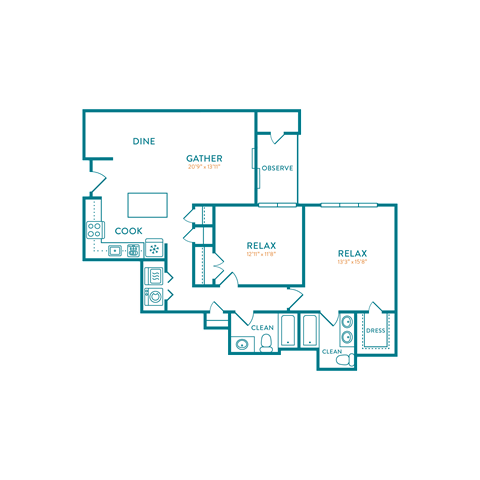 Floor plan for 2 beds, 2 baths, 1265 sqft