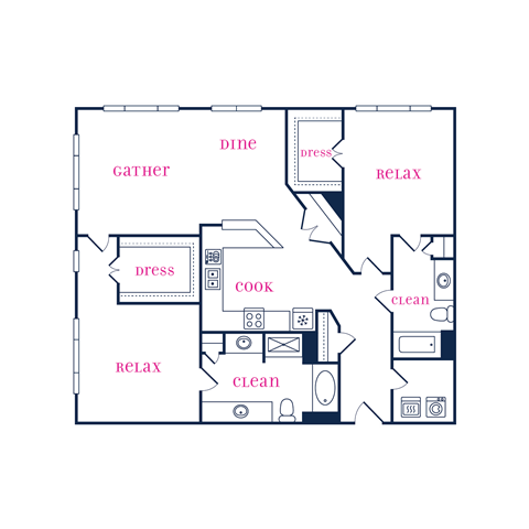 Floor plan for 2 beds, 2 baths, 1270 sqft