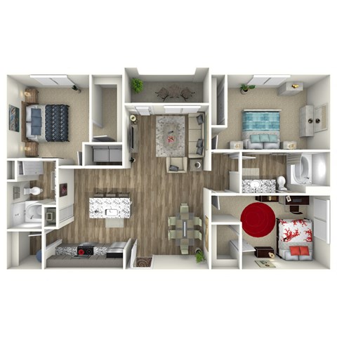 Floor plan for 3 beds, 2 baths, 1288 sqft