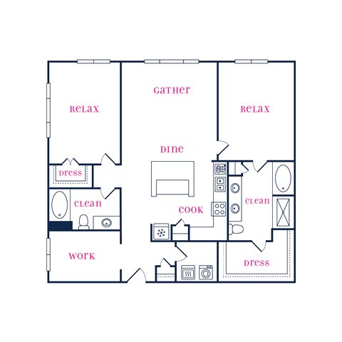 Floor plan for 2 beds, 2 baths, 1292 sqft