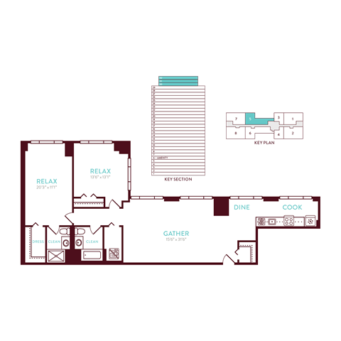 Floor plan for 2 beds, 2 baths, 1297 sqft
