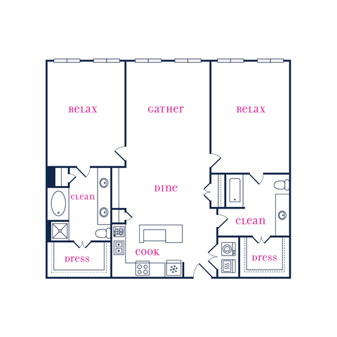 Floor plan for 2 beds, 2 baths, 1302 sqft