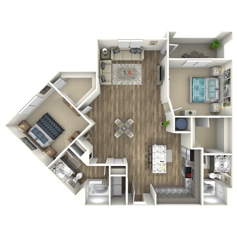 Floor plan for 2 beds, 2 baths, 1303 sqft