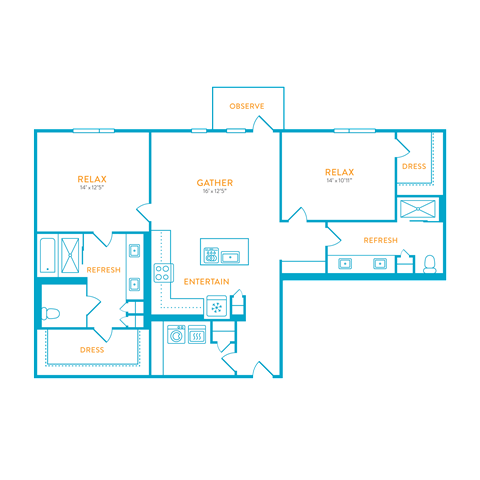 Floor plan for 2 beds, 2 baths, 1312 sqft