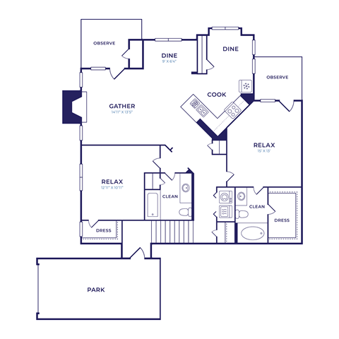 Floor plan for 2 beds, 2 baths, 1315 sqft