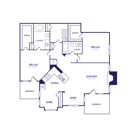 Floor plan for 2 beds, 2 baths, 1319 sqft