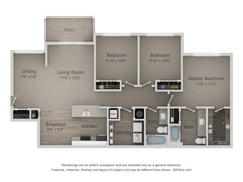 Floor plan for 3 beds, 2 baths, 1320 sqft