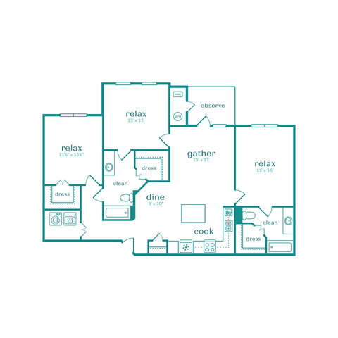 Floor plan for 3 beds, 2 baths, 1327 sqft