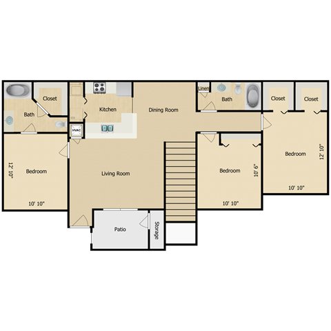 Floor plan for 3 beds, 2 baths, 1357 sqft