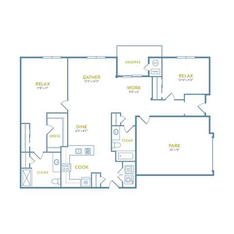 Floor plan for 2 beds, 2 baths, 1352 sqft