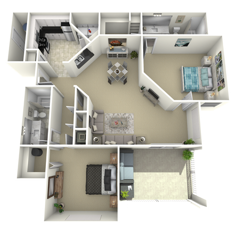 Floor plan for 2 beds, 2 baths, 1364 sqft