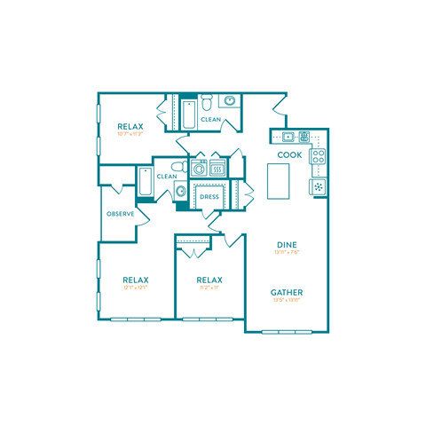 Floor plan for 3 beds, 2 baths, 1364 sqft
