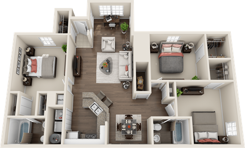 Floor plan for 3 beds, 2 baths, 1365 sqft