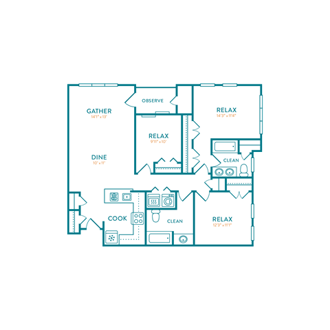 Floor plan for 3 beds, 2 baths, 1365 sqft