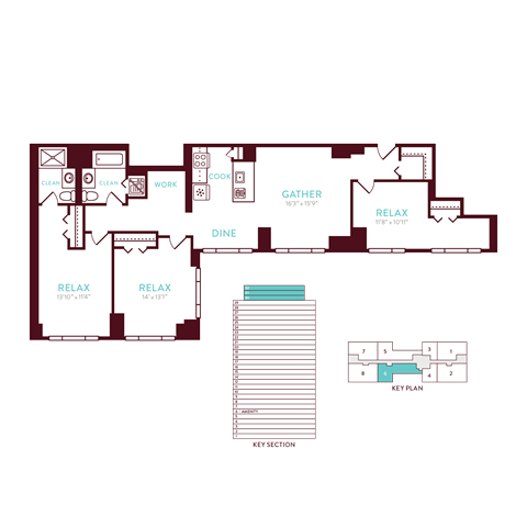 Floor plan for 3 beds, 2 baths, 1369 sqft
