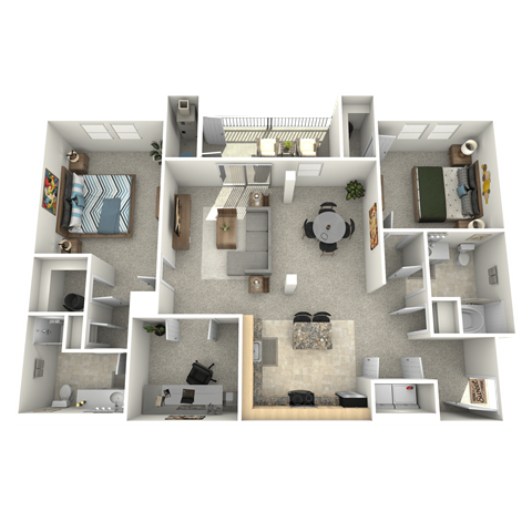 Floor plan for 2 beds, 2 baths, 1374 sqft