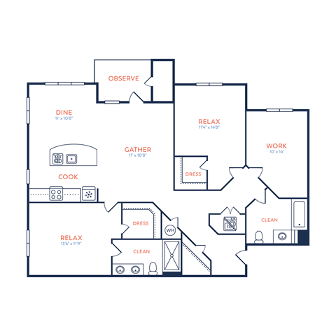Floor plan for 2 beds, 2 baths, 1385 sqft